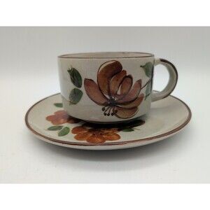 Vtg Stoneware Mug Korea Chili Chowder Soup Cracker Plate Saucer Orange Flower